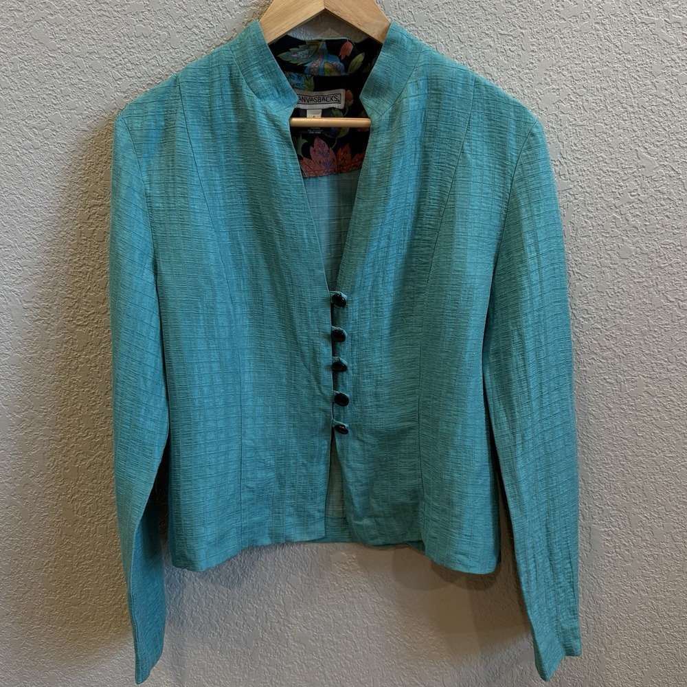 Canvasbacks Women's 6 Silk Linen Blazer Blouse VTG Turquoise Long Sleeve Resort
